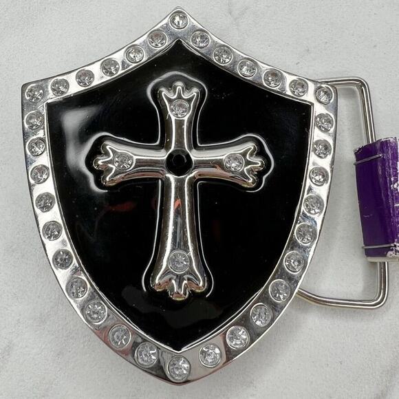 Rhinestone Cross Shield Black Silver Belt Buckle Western Gothic Statement ✨ - Picture 3 of 12